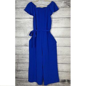 DKNY Jersey Boatneck Cobalt Cropped Jumpsuit Flutter Sleeves NWOT Size 6